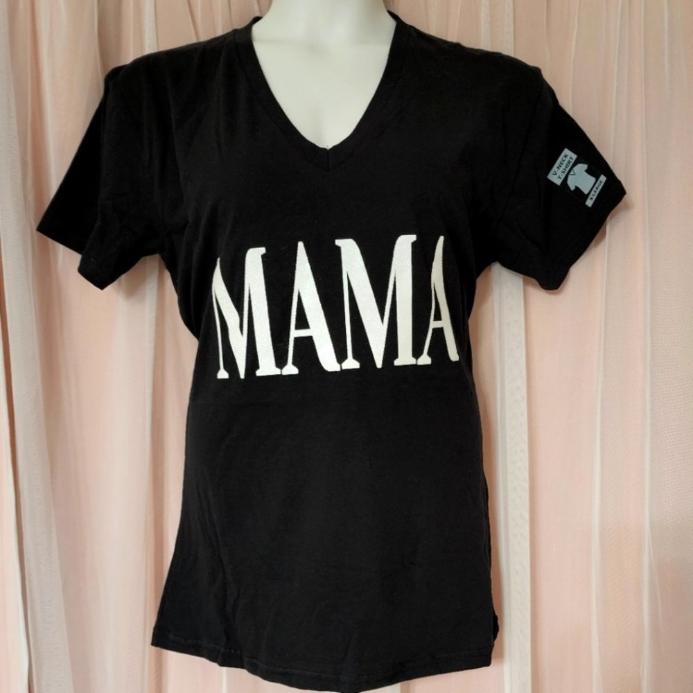 Black & glitter white Mama V-neck tshirt short sleeve size XL cotton Retro